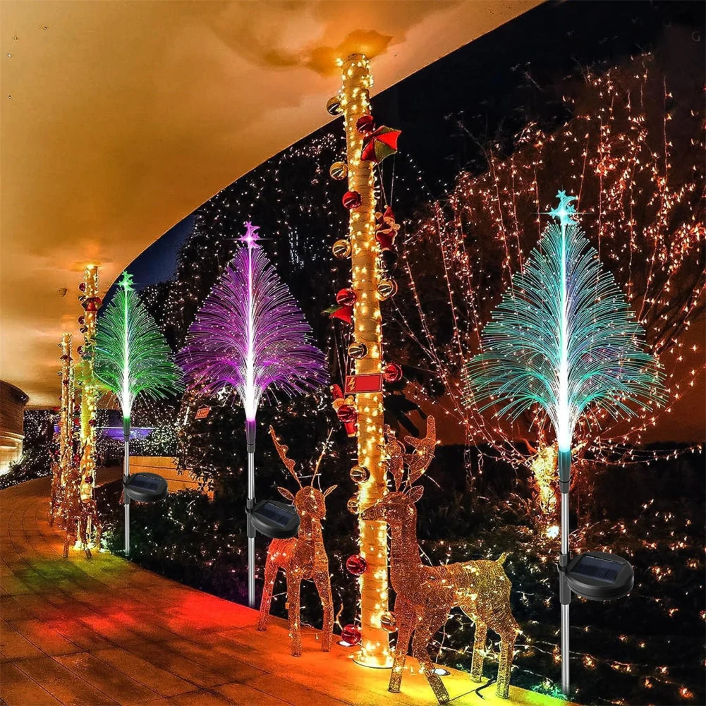 3pcs Solar Fiber Optic Lights With Powerful 600mAh Battery IP65 Waterproof Christmas Tree Shape Garden Lights