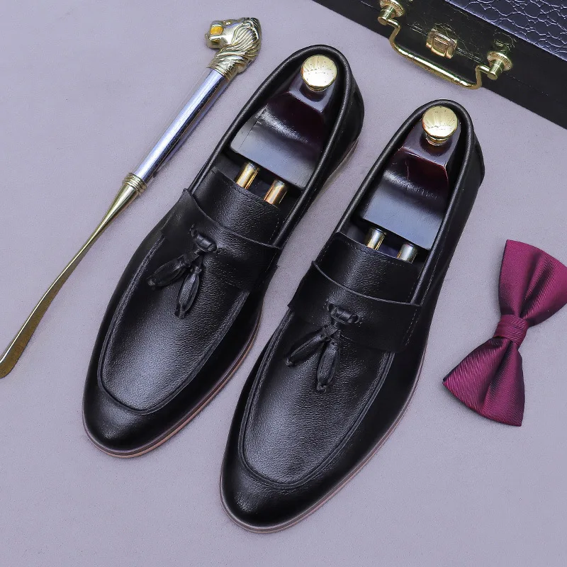 Men Tassel Genuine Leather Loafers Two Tone Burnish Square Toe Low Block Heel Slip On Formal Dress Shoes for Business Daily Wear