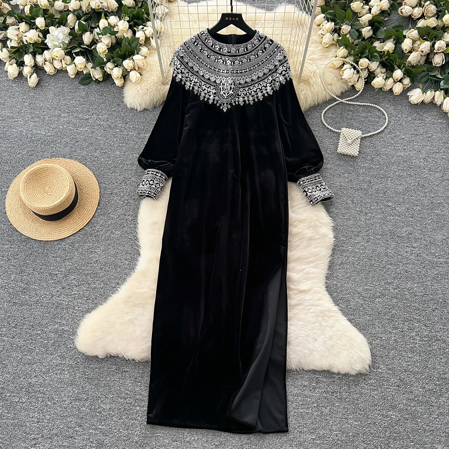 Chic vintage velour long sleeve slim Elegant Fairy korean fashion Boho Sundress women clothing