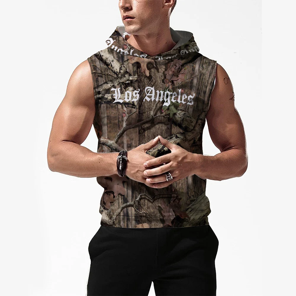 

Summer New Outdoor Training Jogging Loose Hooded Shirt Men Oversized Quick Drying Breathable Tank Top Tree Letter Printed Vest