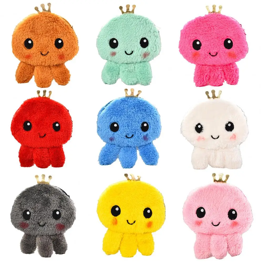 Soft Plush Cartoon Octopus Coin Purse Mini Cute Oval Zipper Children Girl Coin Cash Wallet Animal Backpack Pendant USB Cable Bag