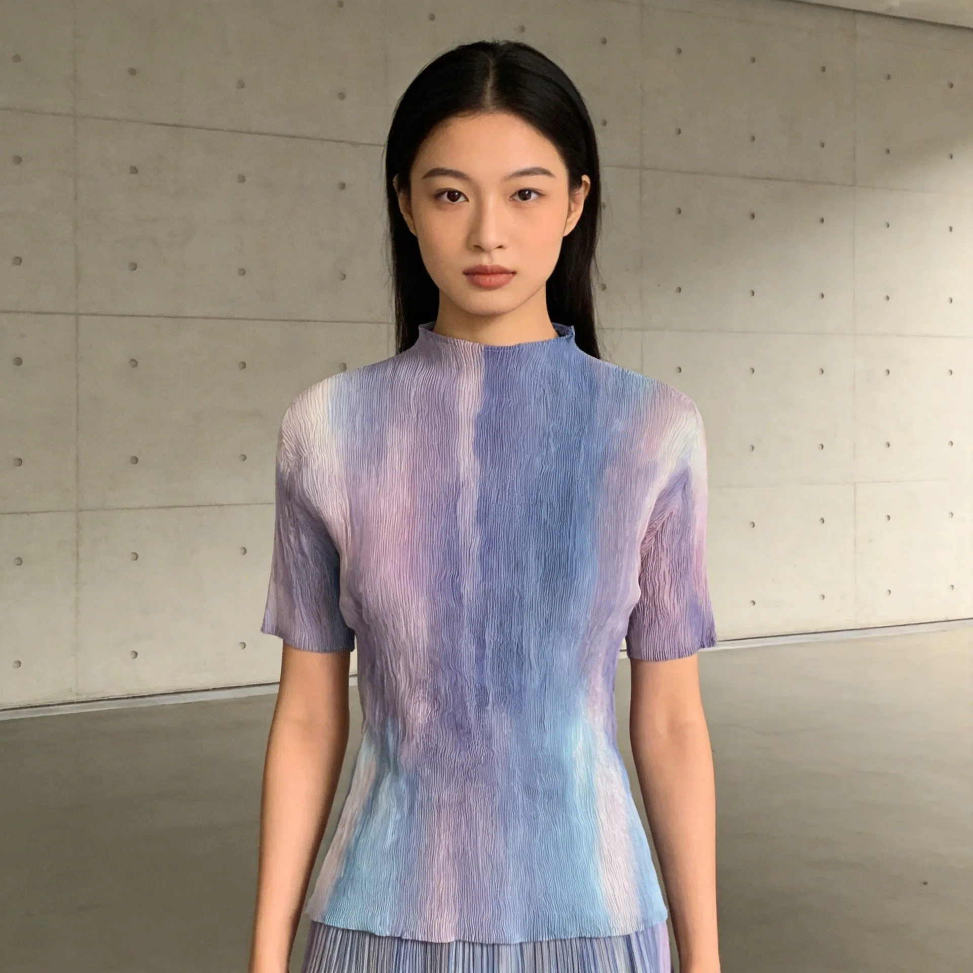 New Style Artistic Gradient Smudged Pleated Top for Women Half Turtleneck Short-sleeved Slim Fit Stretch T-shirt