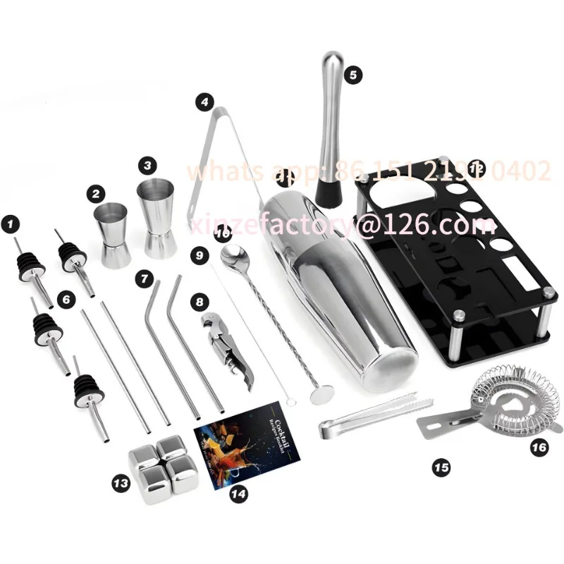 Customizable 23-Piece Professional Bartender Set Boston Stainless Steel Beverage Mixing Tool with Acrylic Stand Premium Bar Tool