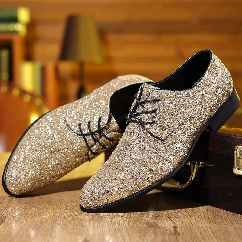 

Luxury Men Dress Shoes Gold Silver Sequin Wedding Shoes High Quality Lace-Up Oxford Shoes Fashion Designer Men Flats Large Size