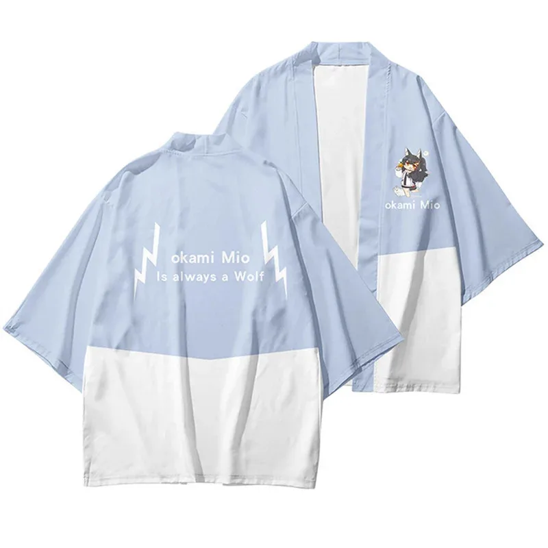 Hololive VTuber Ookami Mio Yukata الرجال النساء سترة فضفاضة بلوزة Haori Obi الملابس الآسيوية Harajuku ثوب الكيمونو الياباني قميص