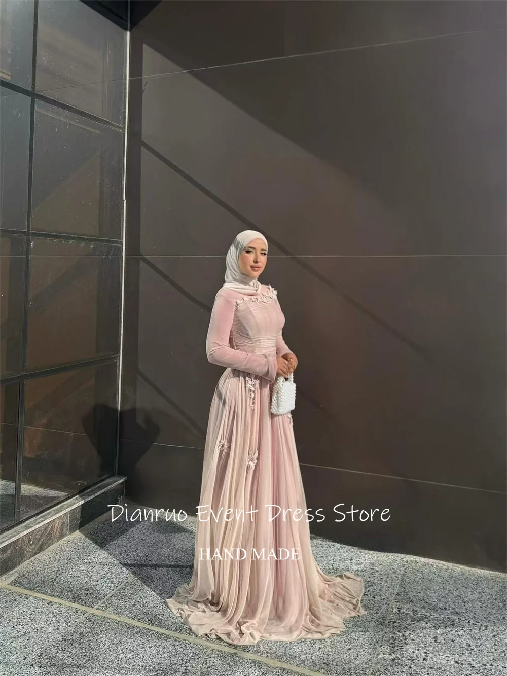 Dianruo 3D 꽃 쉬폰 이브닝 드레스 절묘한 핑크 댄스 파티 드레스 라인 Pleated 이슬람 아라비아 Vestidos De Fiesta Customized