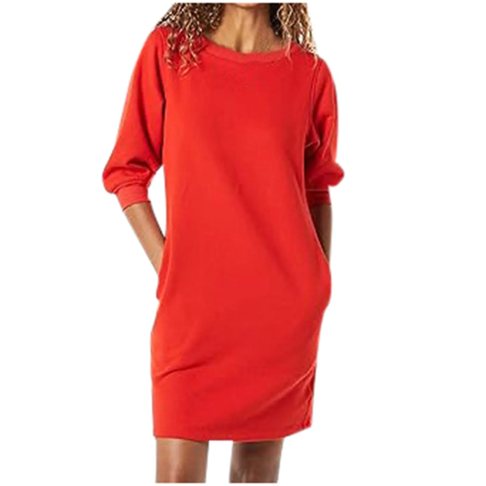 Women Solid Color Loose Casual Mini Dress 3/4 Sleeve O-Neck Long Sweatshirts With Pocket Elegance Office Commute Vestido 2024