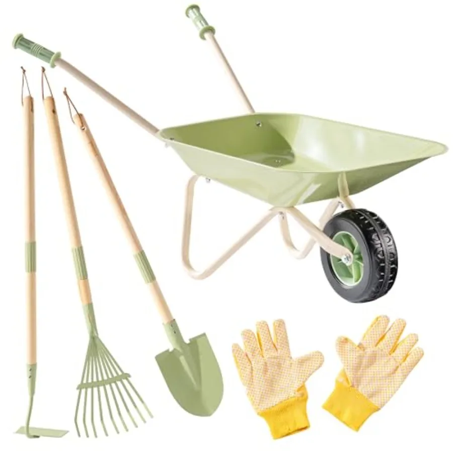 

Wheelbarrow Set 5PCS Gardening Tool Set with Metal Toy Wheelbarrow Shovel Hoe Broom and Gloves Outdoor Yard Play for Planting S
