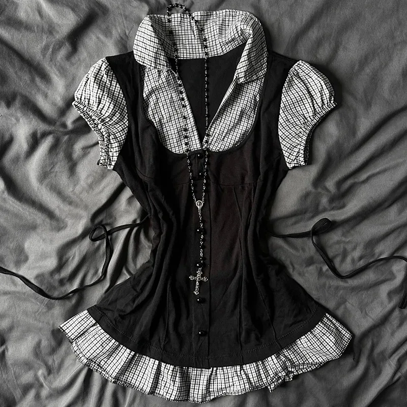 

Готический укороченный топ Y2K Jirai Kei для женщин, повседневный, приталенный, шикарный, с эффектом двухслойности, с воротником, с коротким рукавом, в стиле Harajuku Emo Gril Streetwear