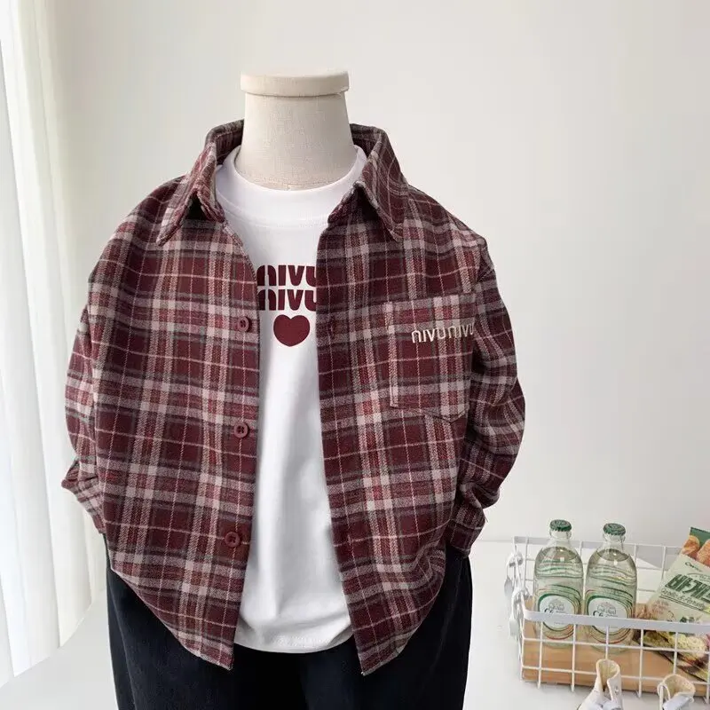 2026 New Children's Long-Sleeved Plaid Shirt Autumn Fashion Boys' Button-Up Shirt Korean Style Casual Girls' Shirt
