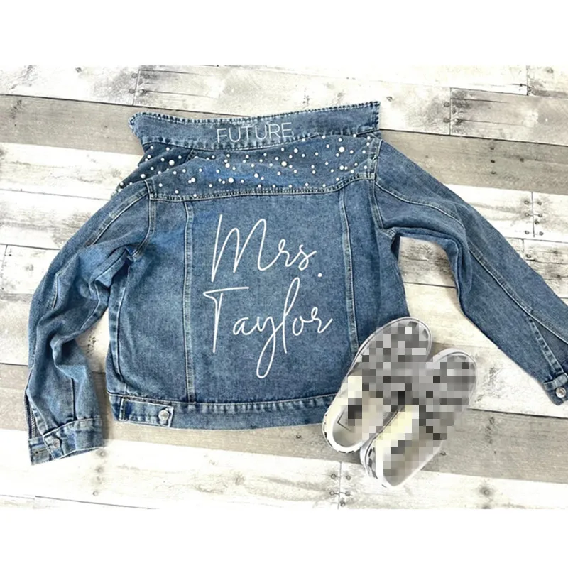 

FUTURE MRS Last Name Pearl Jean Jacket, Bride Future Mrs Jacket, Custom Jean Jacket, Bridal Shower Gift, Engagement Photo Prop