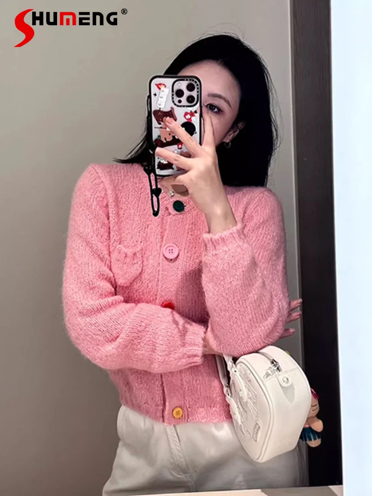 

Pink Cardigan Knitted Coats Women's Nice Elegant Sweaters Younger Fashion Long Sleeve Feminine Single-Breasted Knitted Tops