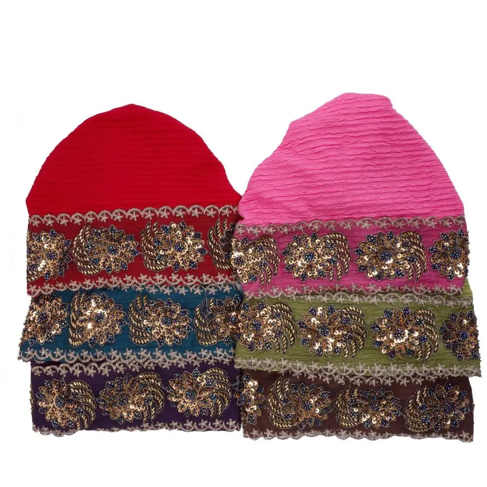 New Beaded Sequin Brimless Turban Cap Lace Trim Floral Embroidery Hair Wrap Bonnet Breathable High Top Head Cover Hat Daily