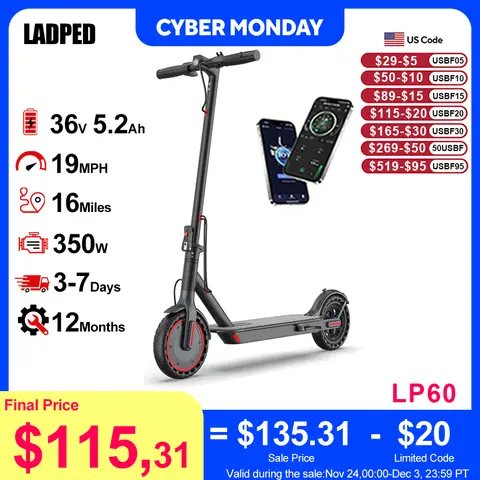 Patinete eléctrico LP60 de 350W, 19mph, aplicación de Control inteligente, patinete eléctrico plegable con neumáticos de 8,5 pulgadas, alcance máximo de 16 millas para adultos