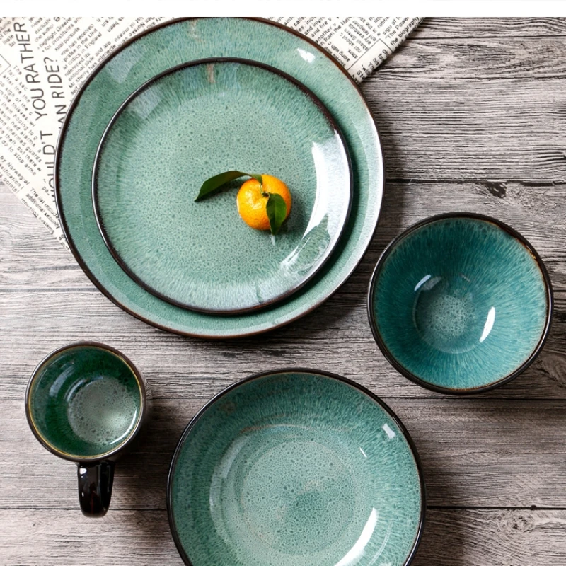 Japanese kiln-transformed malachite green ceramic plate Nordic Western steak Home dining rice salad bowl