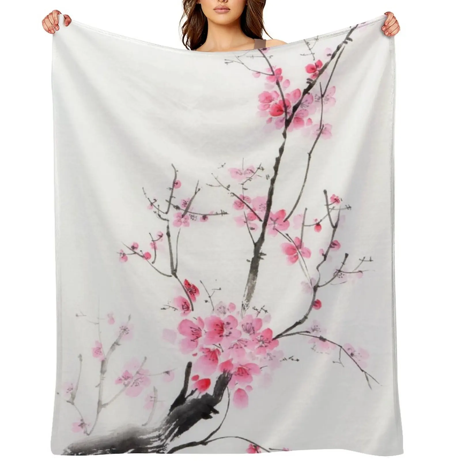 

Delicate sakura branch with pink blossoms Japanese Zen sumi-e painting on white rice paper art print Throw Blanket