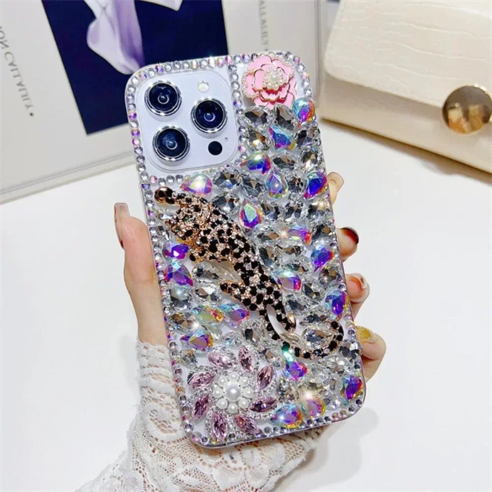 Luxury Bling Diamond Male Leopard Rhinestone Case Capa For iphone 15Pro 14Plus 13 Mini 12 11Pro MAX XSMAX XR 16 PLUS Cover