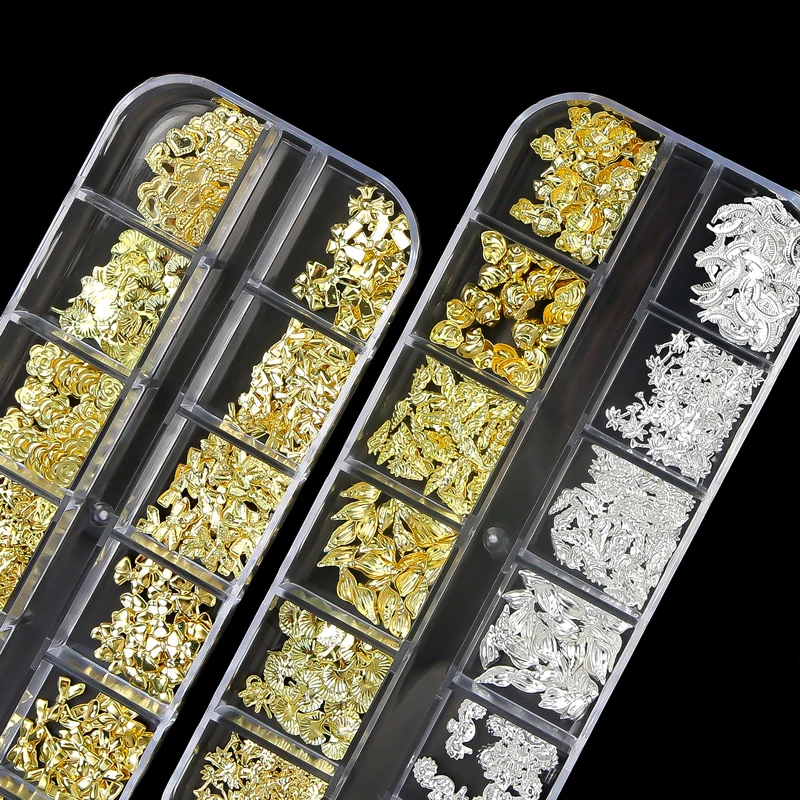12Grids Gold Silver Sea Seires Nail Art Rhinestones Shell Starfish Seahorse Multi-shapes Metal Rivet Charms DIY Nail Decoration