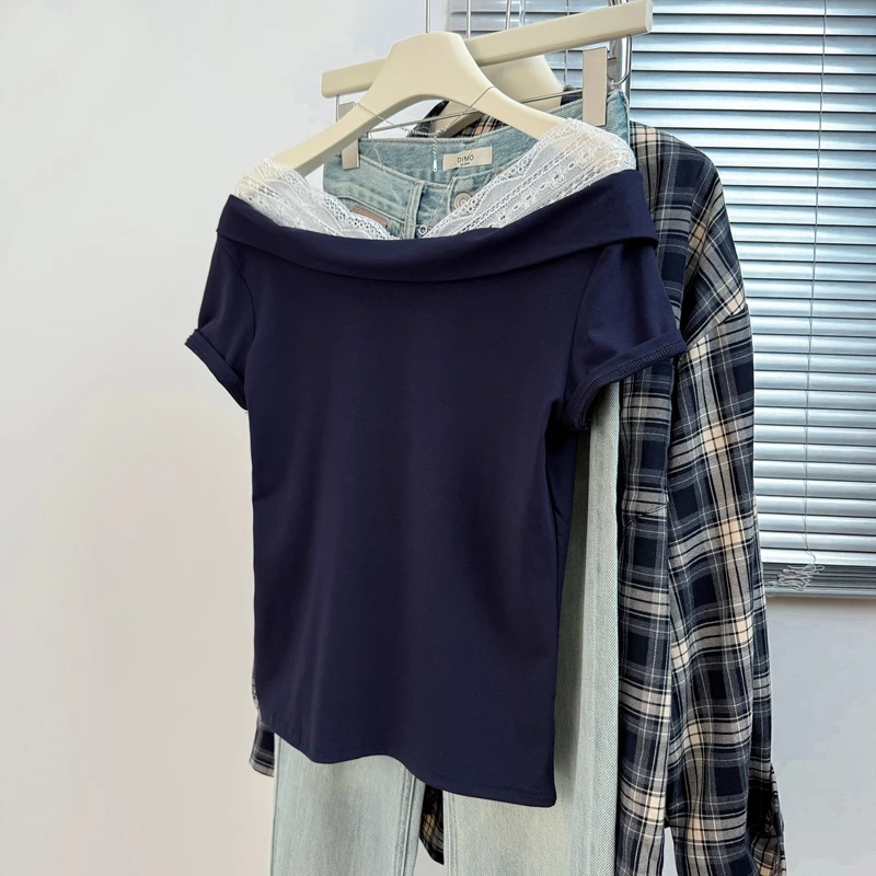 夏の女性の偽二枚 Tシャツ V ネック半袖レーススプライシングトップ韓国カジュアルファッションシックな女性の Tシャツ