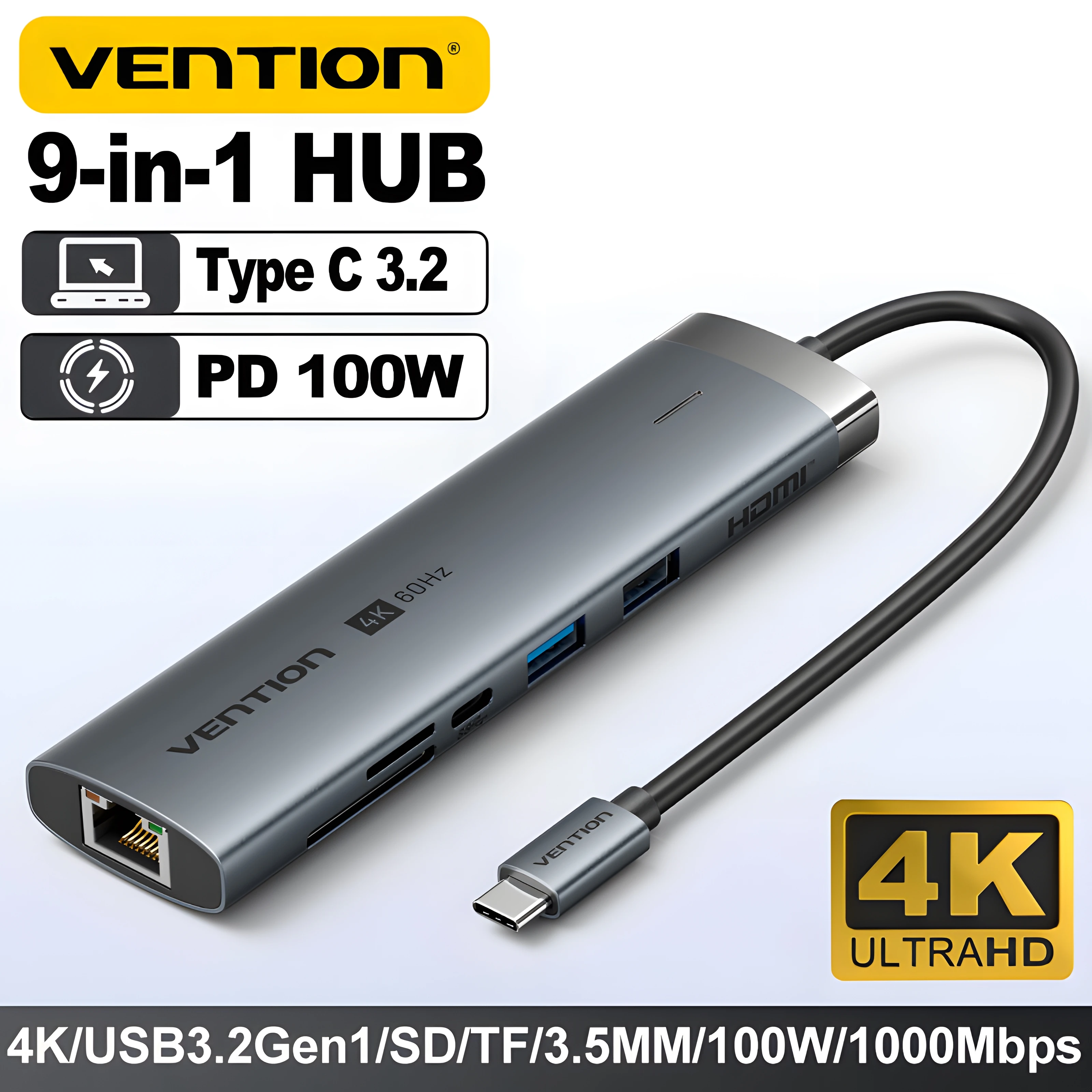 Vention New USB Hub HDMI 4K 60Hz 9 in 1 PD 100W USB C 3.2 Gen2 Hub 5Gbps Splitter Expansion Adapter for Macbook Air M1 M2 Laptop