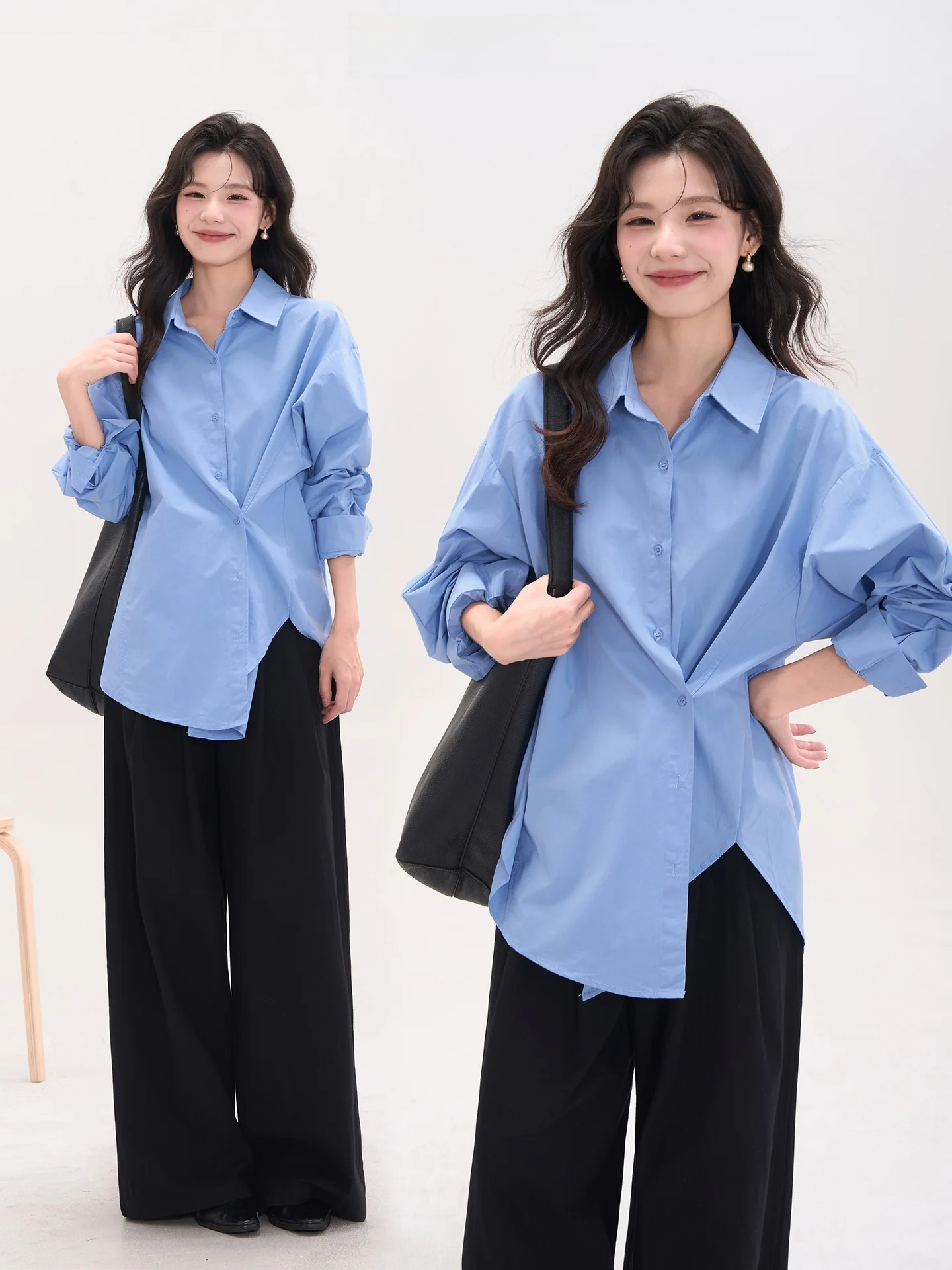 

Ele Long Sve, женская осенняя одежда для поездок на работу, хлопковая однотонная свободная посадка на пуговицах, повседневная одежда для девочек Faion