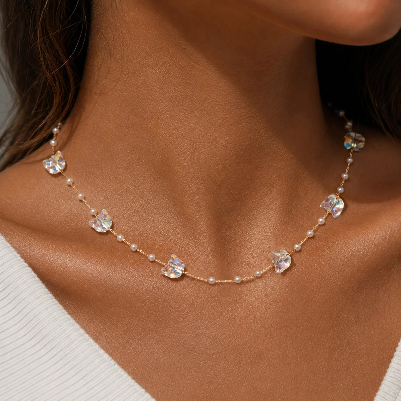 White Cat Charm Necklace for Women, Faux Pearl 18K Gold Plated Stainless Steel Chain, Cute Animal Fashion Jewelry