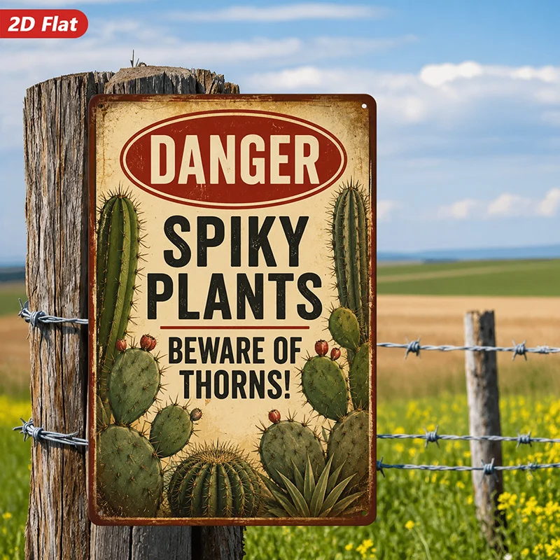 2D FLAT, 7.87x11.81inch Thickened Iron Retro Iron Painting, 1pc Vintage Cactus Warning Metal Sign Wall Art, Dangerous Spiky Plan