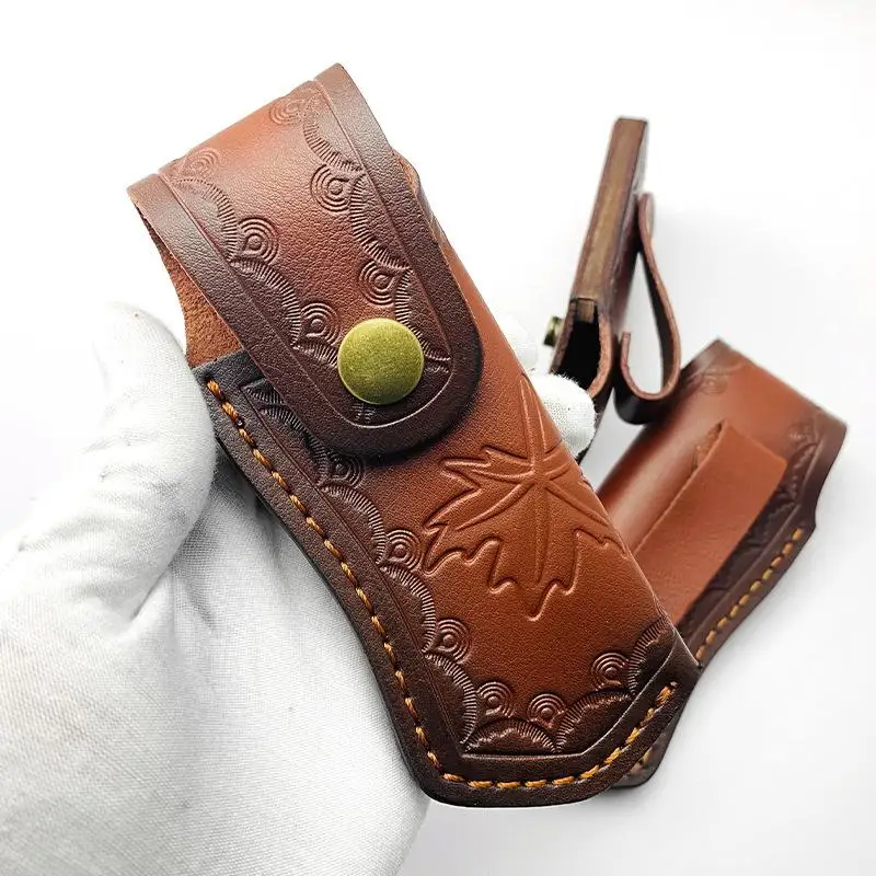 12.3cm Foling Knife Holder Embossed Cowhide Scabbard Pocket  Knife Cover split  Leather Case Camping Knife Holsters