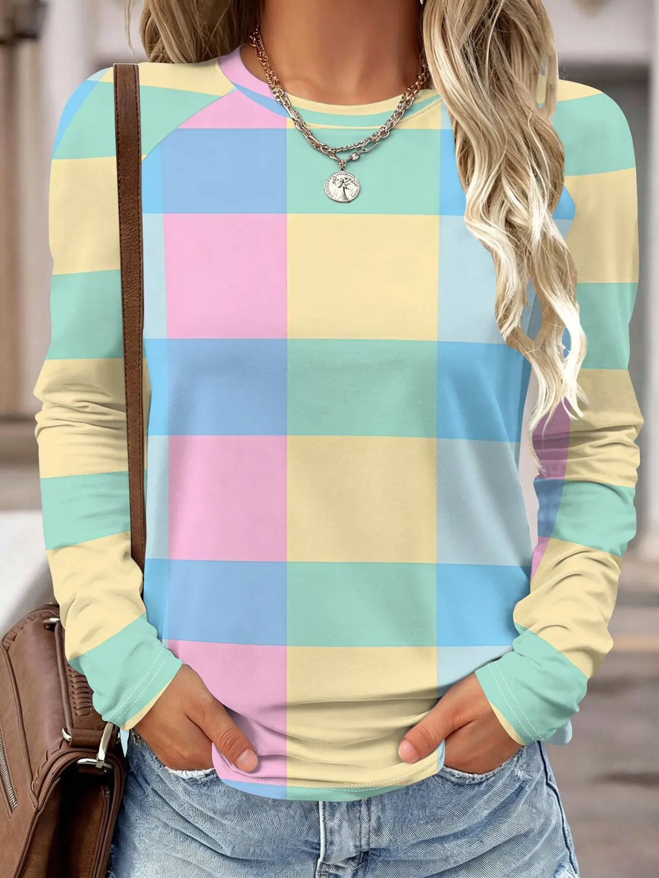 Women Long Sleeve Shirt Yellow Blue Brown Plaid Check Print Round Neck Raglan Casual Fall Daily Tops Women's Clothes view 4