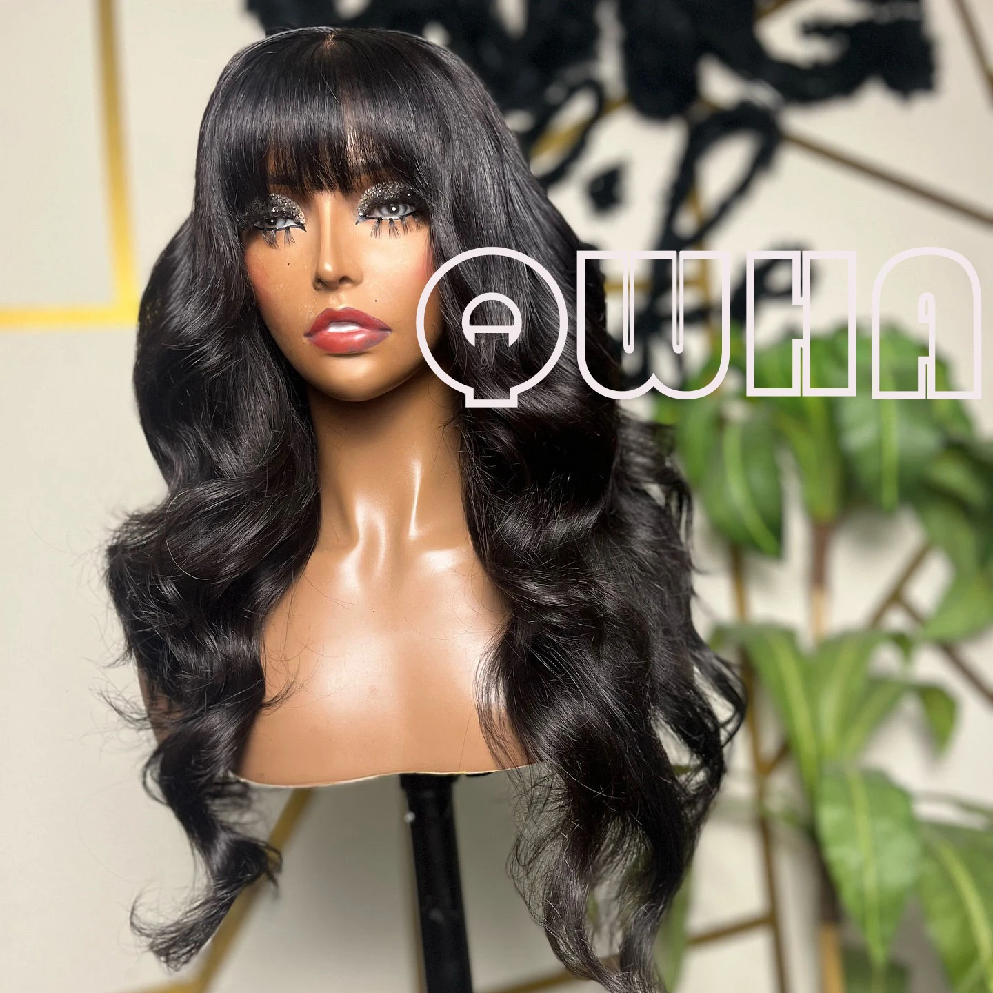 QW Synthetic Hair Bangs Black  Loose Wave Soft 13X4 Lace Front Wig For Women Hair Heat Resistant Fiber Cosplay  Daily