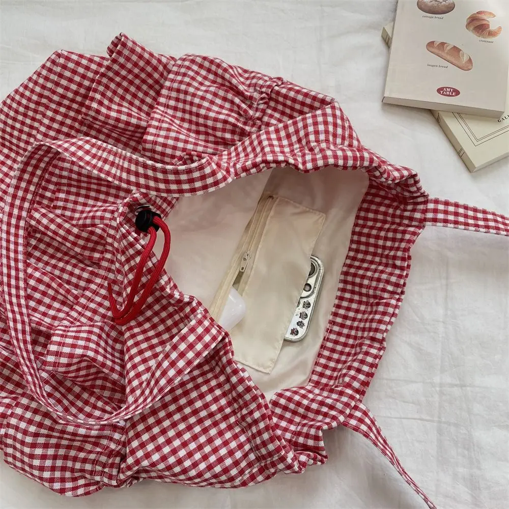 

Fashion Sweet Ruffle Shoulder Bag College Style Large Capacity Canvas Plaid Bag Fresh Color Cute Ruched Handbag Travel