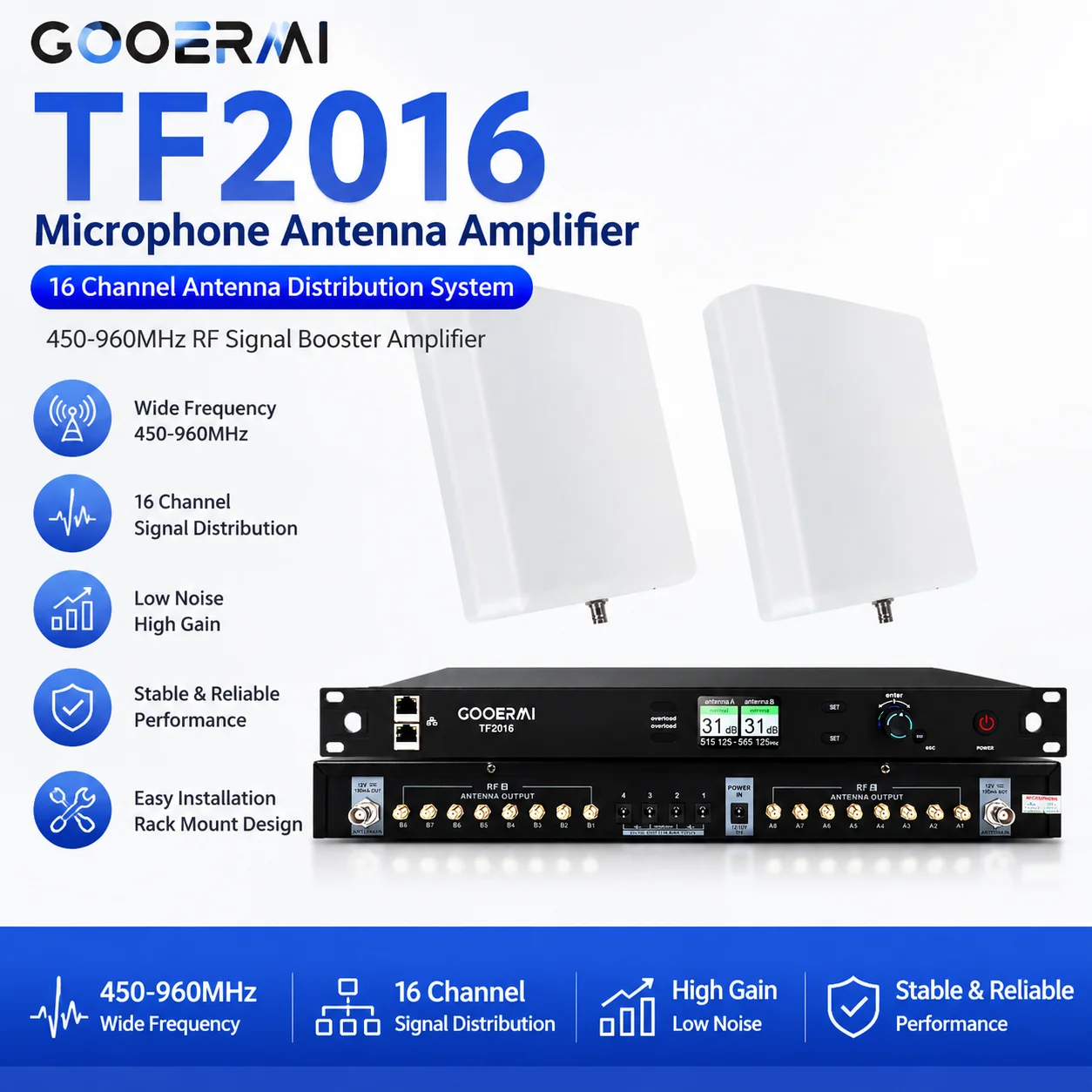 GOOERMI TF2016 16-Channel UHF Wireless Microphone Antenna Distribution System 450–960MHz RF Signal Booster & Amplifier