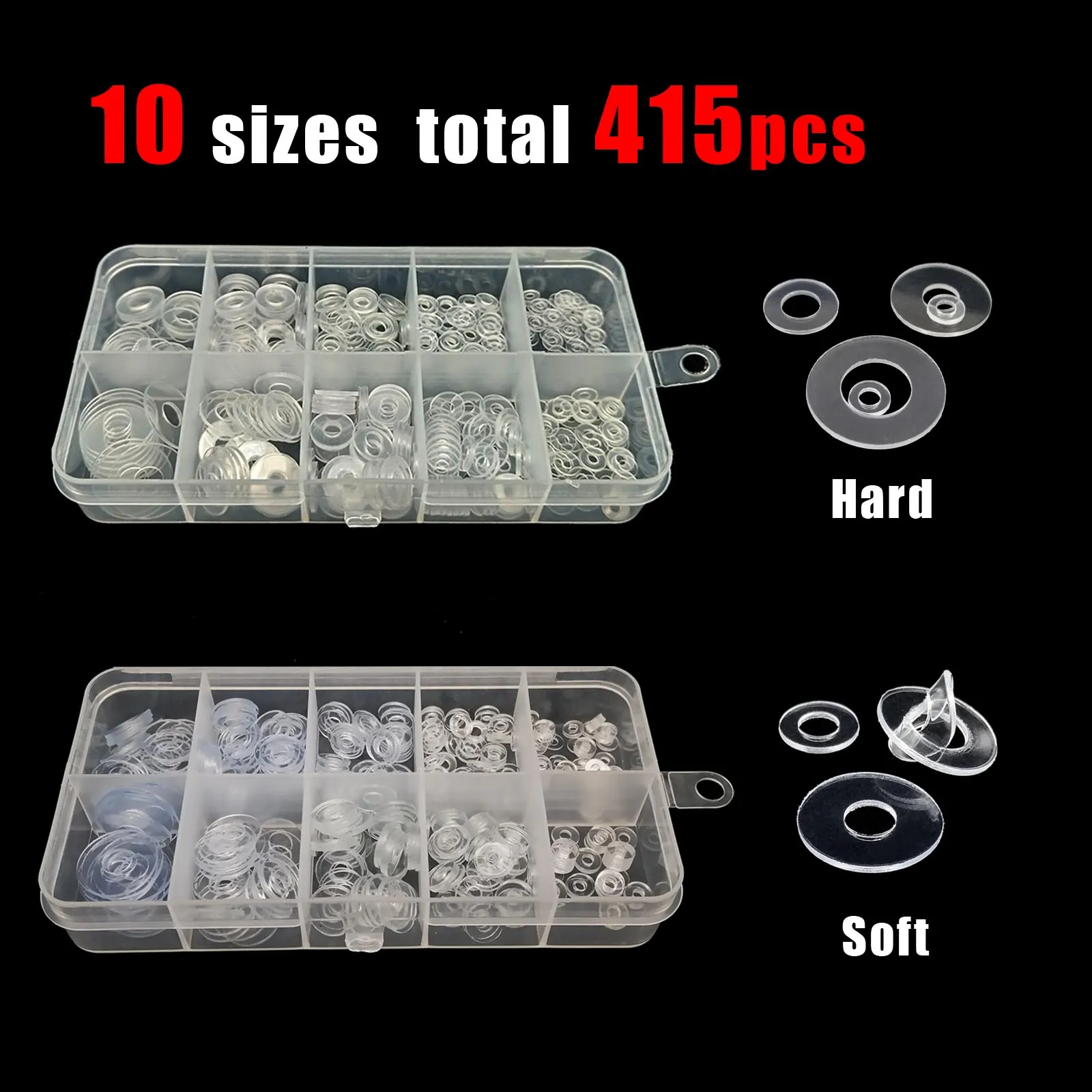 415pcs/box Transparent Clear Flat Washer Plain Spacer Insulation Gasket Ring M2 M2.5 M3 M4 M5 M6 10 Sizes Kit Set Plastic PVC