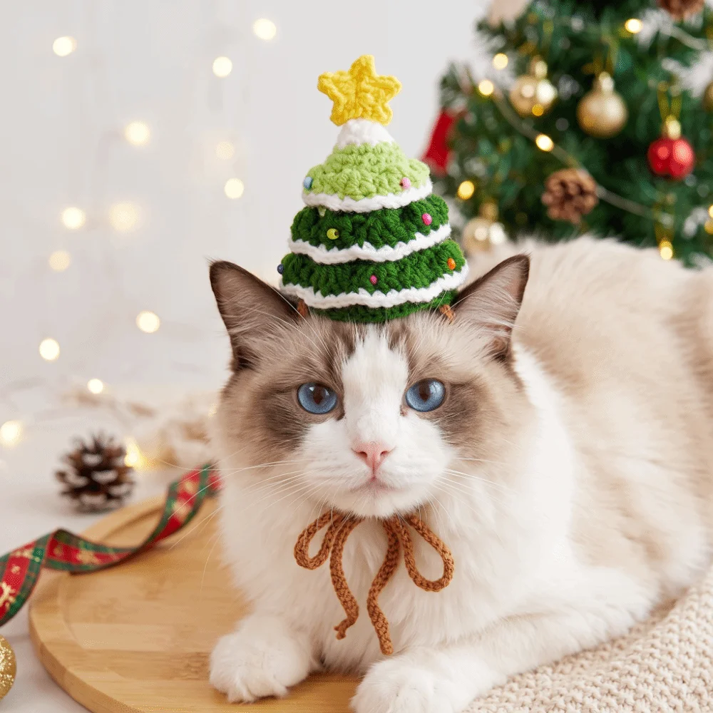Handmade Christmas Cat Scarf Soft Texture Adjustable Strap Pet Tree Hat Knitted Yarn Warm Comfort Dog Holiday Bib Pet Owners