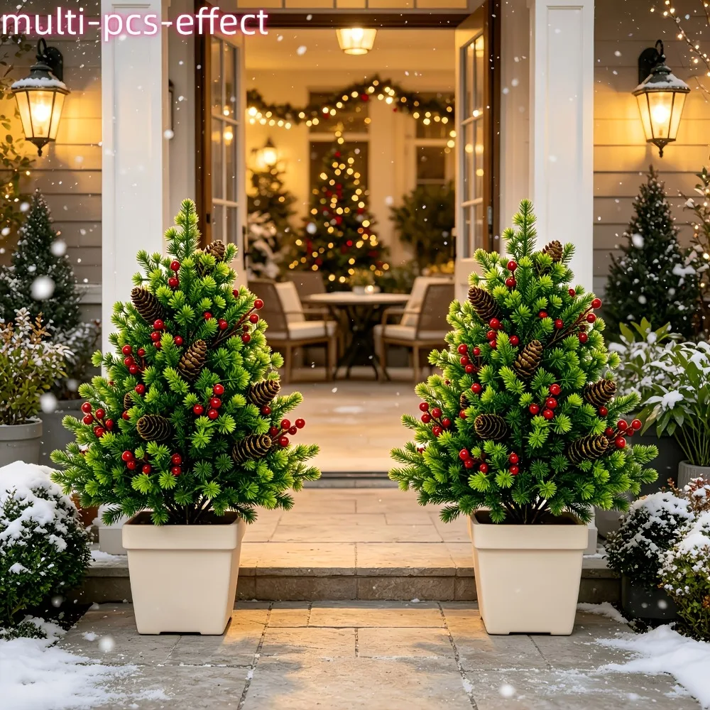 2PC Artificial Christmas Tabletop Trees with Red Berries Pinecones 2026 NEW Artificial Pine Needles Christmas Holiday Decor