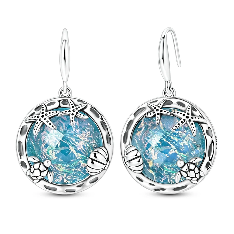 S925 Sterling Silver Ocean Theme Dangle Hook Earrings Turtle Starfish Shell Blue Opal‑Effect Crystal Drop Earring Jewelry Gift