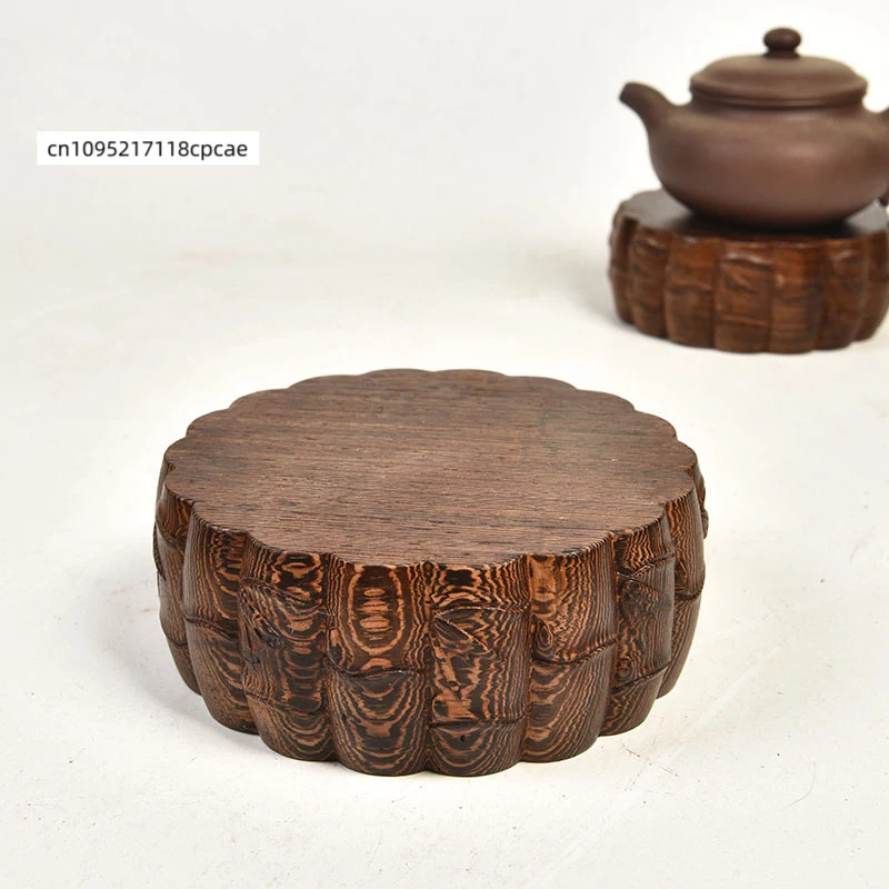 Natural Wenge Wood Round Display Stand Bamboo Pattern Carving Pedestal for Vase Teapot Buddha Statue Home Decoration