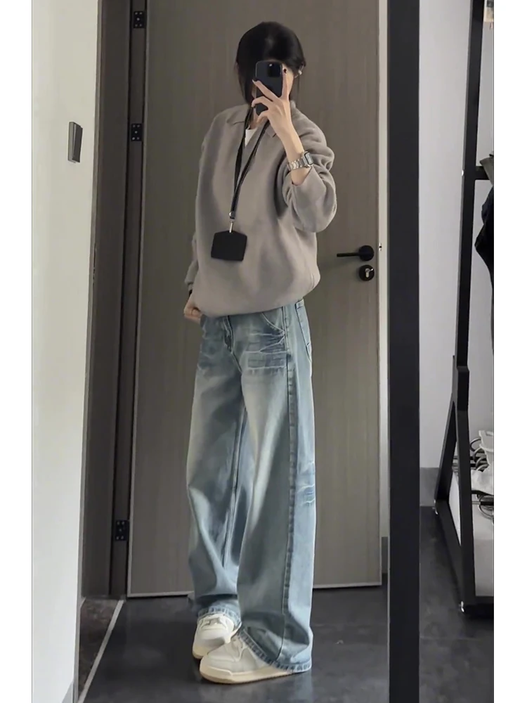 

Светло-голубые мужские джинсы в американском ретро-стиле, прямые брюки с микро-клешем, длинные, для весны и осени, модный бренд