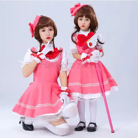 Anime Girls Pink Carcaptor Sakura Princess Dress Cosplay Costume Lolita Dress For Kid Card Combat Uniform Apron Dress with Hat