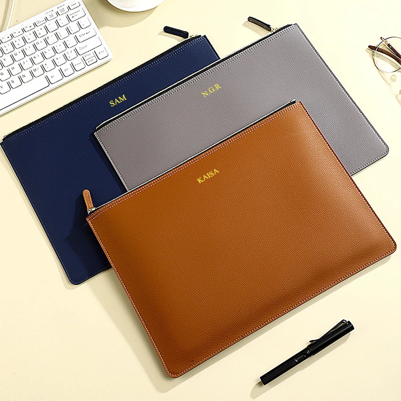 Custom Name Large Capacity Document Bag PU Leather Business Office Portable A4 Paper File Bag Waterproof Zip Storage Bag Pouch