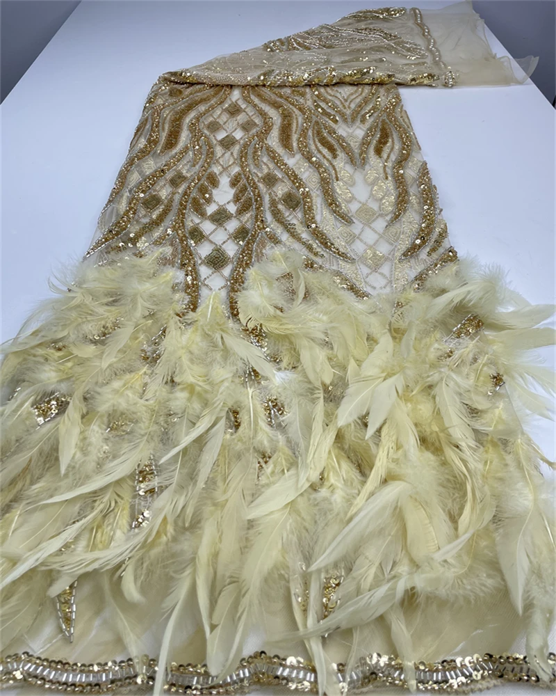 Tecido de renda de penas 3D africano com contas francesas bordadas de alta qualidade e lantejoulas para casamento nigeriano e vestidos de festa
