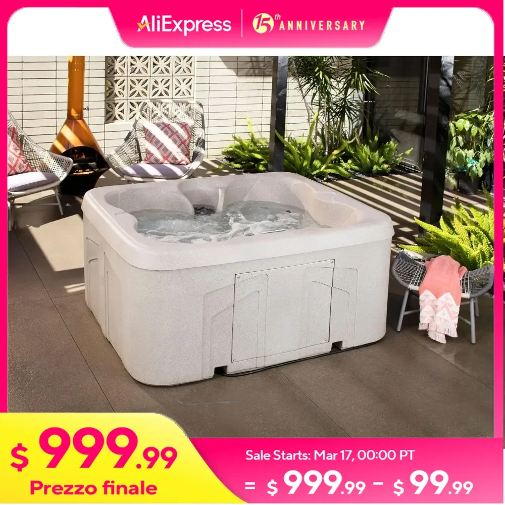 4-Person Hot Tub，Outdoor Spa W/ Cover and LED Lights，Square，13 Adjustable Massagers，Hot Tub Jacuzzi Outdoor