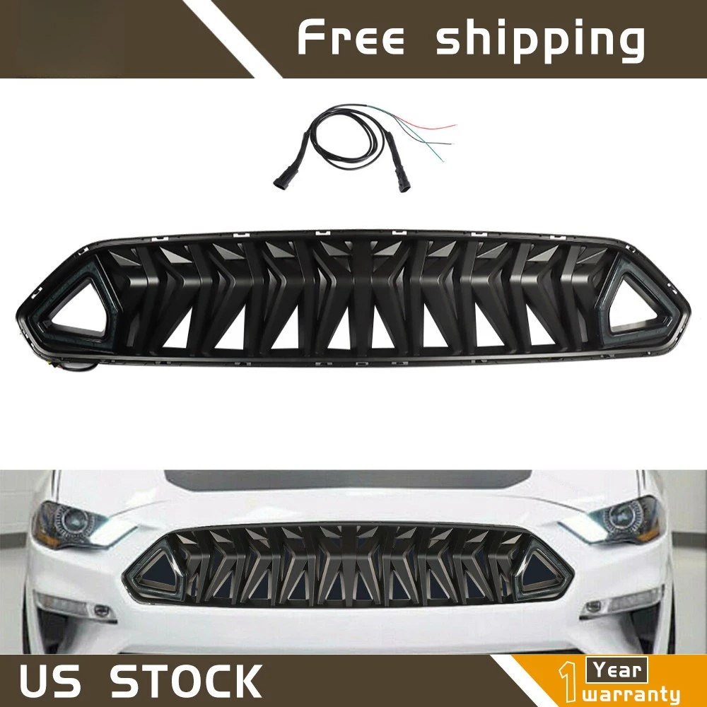 For Ford Mustang 2018-2021 Front Bumper Upper Grille W/LED Lights ABS Trim Grill