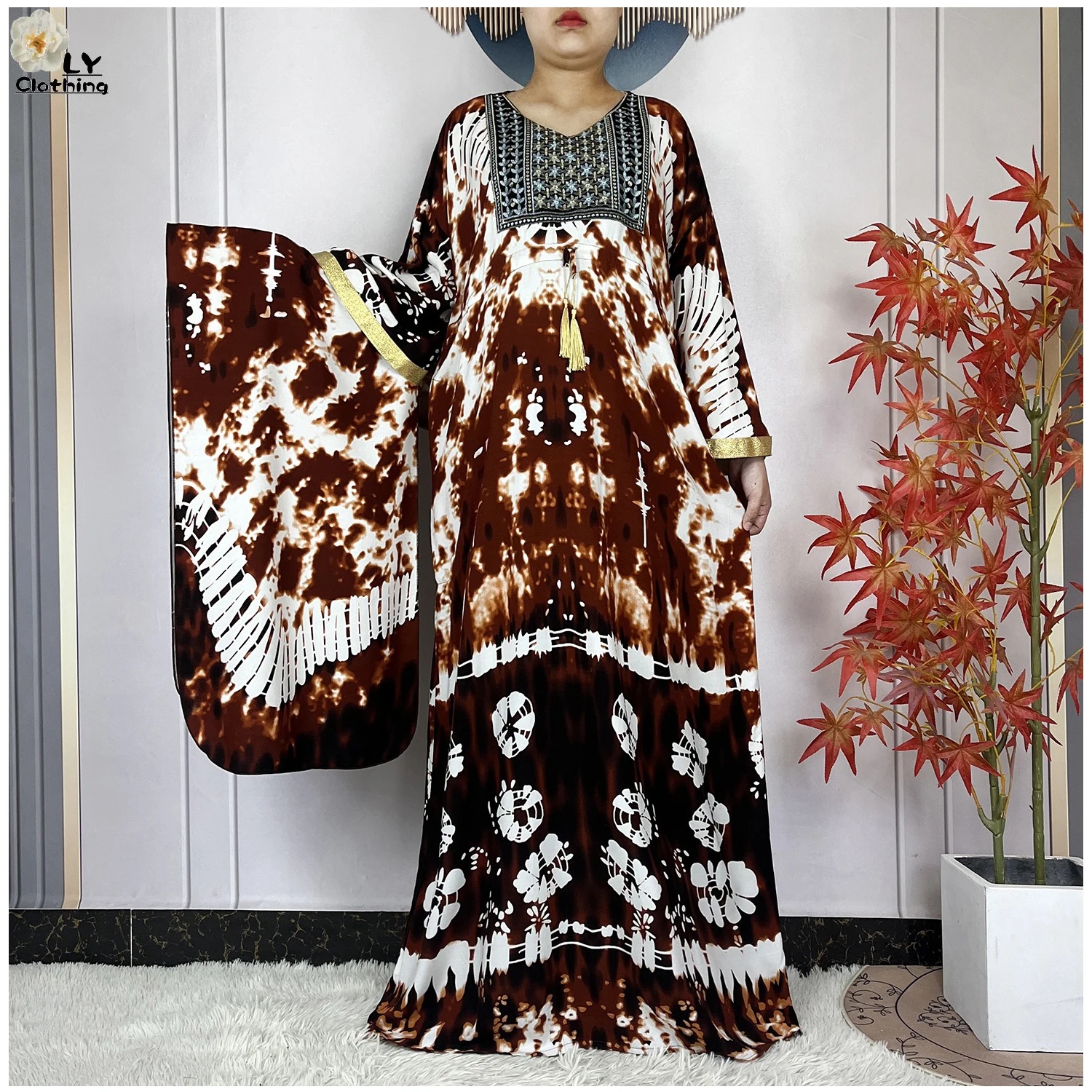 

2025 New African Abaya For Women Dress Loose Batwing Sleeve Pockets High-quality Tie-dye Pure Cotton Fabric Women Islam Clothing