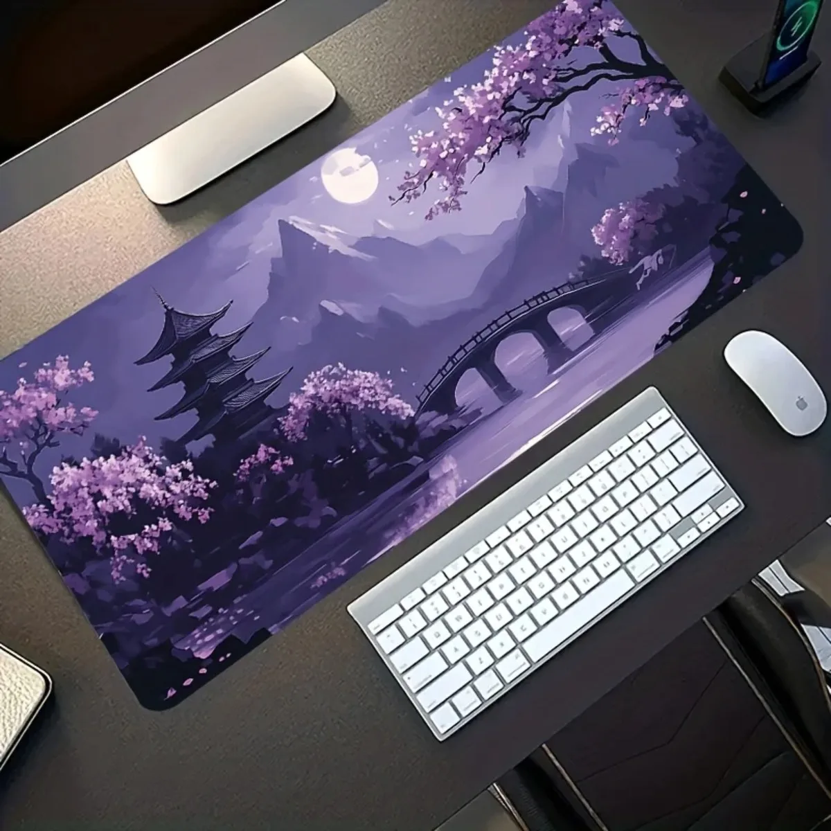 

Японский большой резиновый коврик для мыши с изображением ночного пейзажа сакуры, противоскользящий настольный коврик для офиса и геймеров