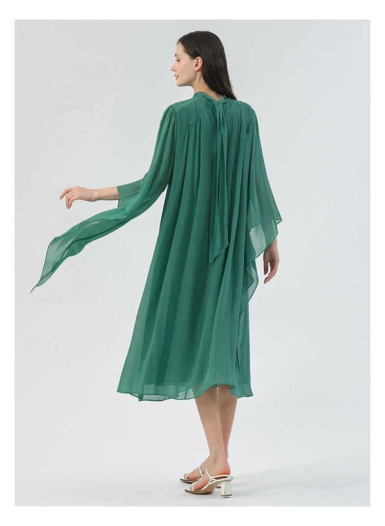 Bean Green Double Layer Georgie Silk Half Turtleneck Flared 3/4 Sleeve Loose Lightweight Mulberry Silk Dress Women AE1679