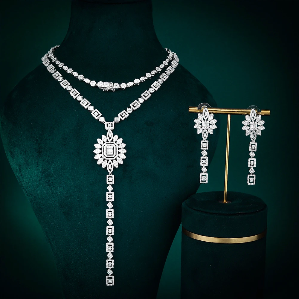 

IN JEWELIFE Wedding Cubic Zirconia Long Necklace And Earring Set Women's Neck Necklaces Luxury Jewelry Ladies Accessories