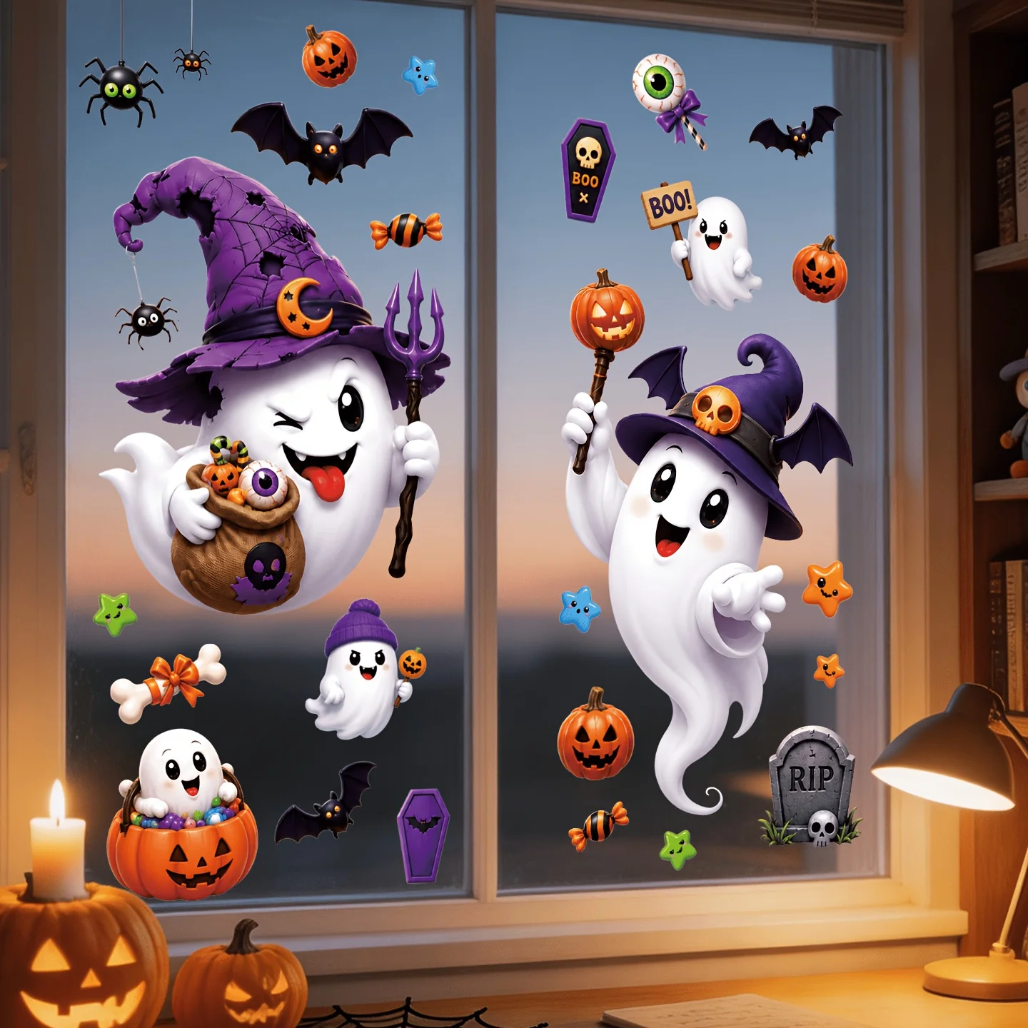 2Sheets/26pcs-Halloween Easy-Tear No-Trace Adhesive Static Window Stickers-Featuring Cute Ghosts Wearing Witch Hats, Window Film