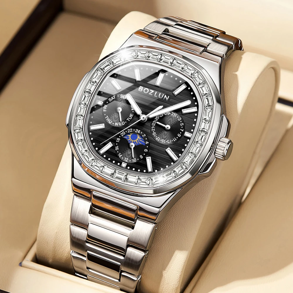 

BOZLUN кварцевые часы с бриллиантовым циферблатом для мужчин и женщин, роскошные наручные часы с хронографом, модные водонепроницаемые часы со светящимися стрелками