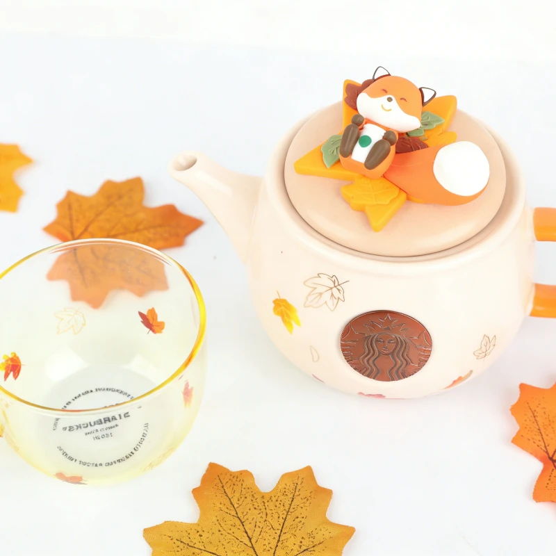 starbucks-fall-collection-fox-teapot-set-maple-leaf-pattern-vintage-copper-siren-great-gift-for-her